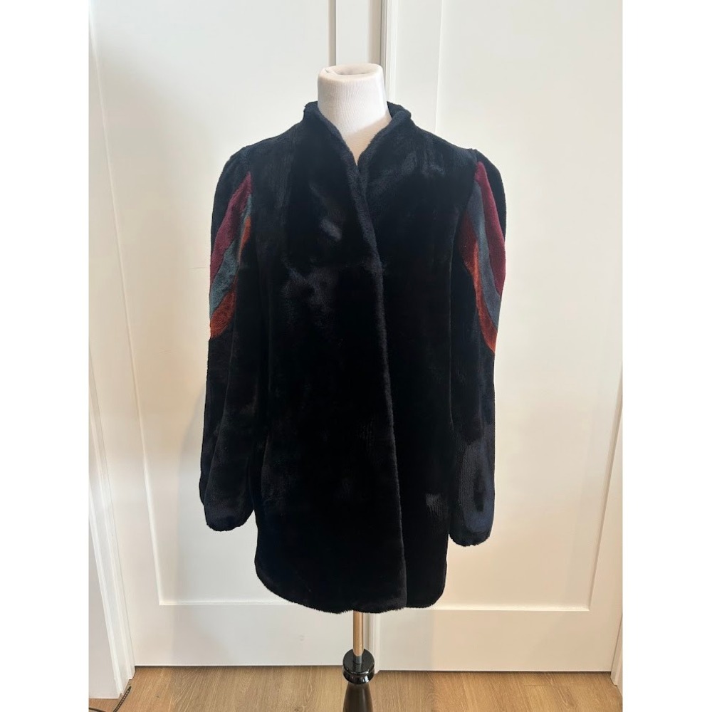 Vintage 1960's Black Faux Fur‎ Coat Striped Sleeve Statement Jacket